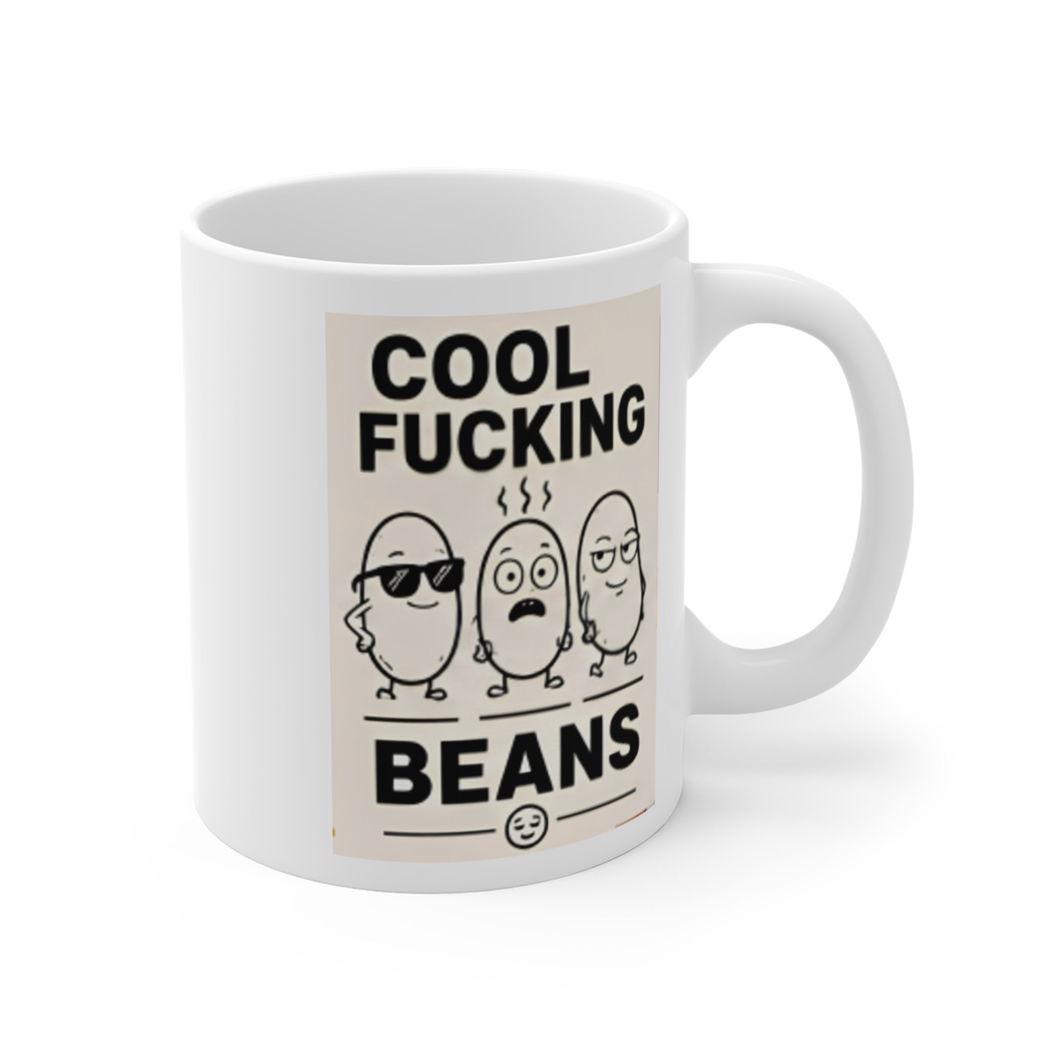 Cool Fucking Beans Mug — Funny Coffee Cup with Retro Bean Characters (11 oz)