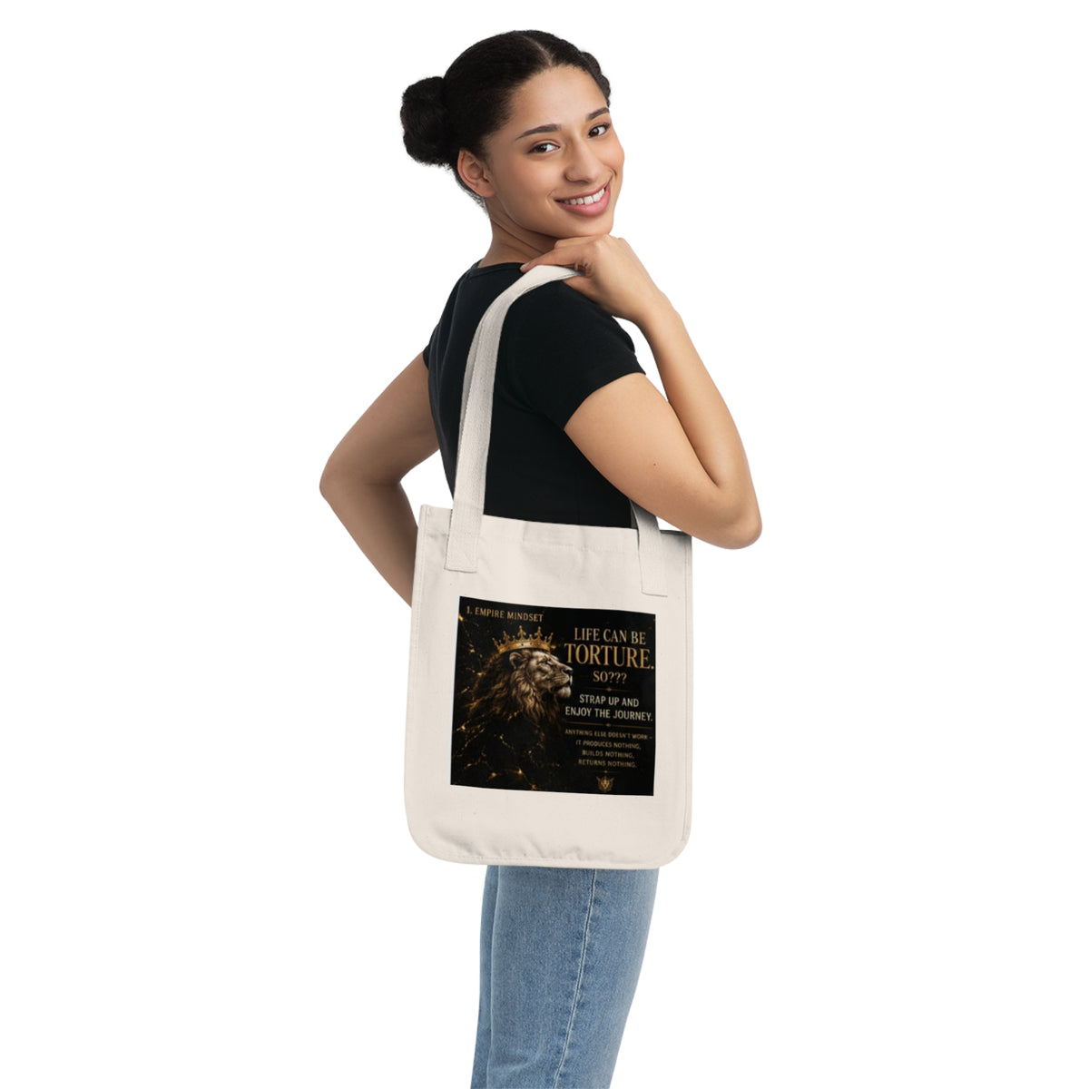 Lion Crown Canvas Tote — "Life Can Be Torture" Motivational Organic Bag