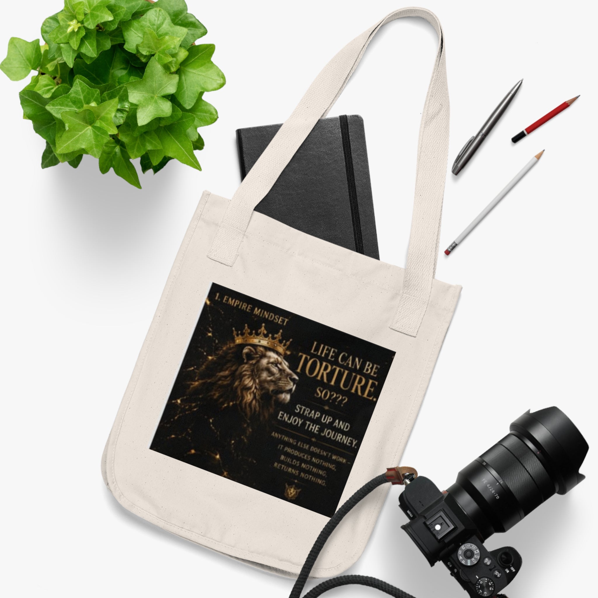 Lion Crown Canvas Tote — "Life Can Be Torture" Motivational Organic Bag