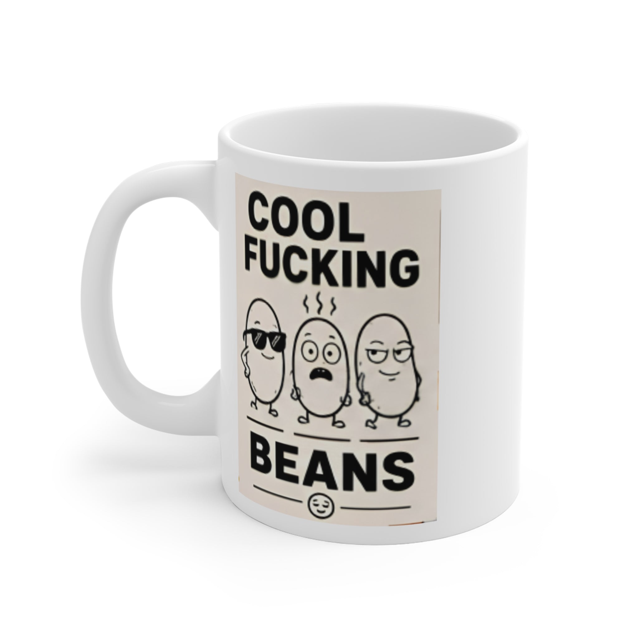 Cool Fucking Beans Mug — Funny Coffee Cup with Retro Bean Characters (11 oz)